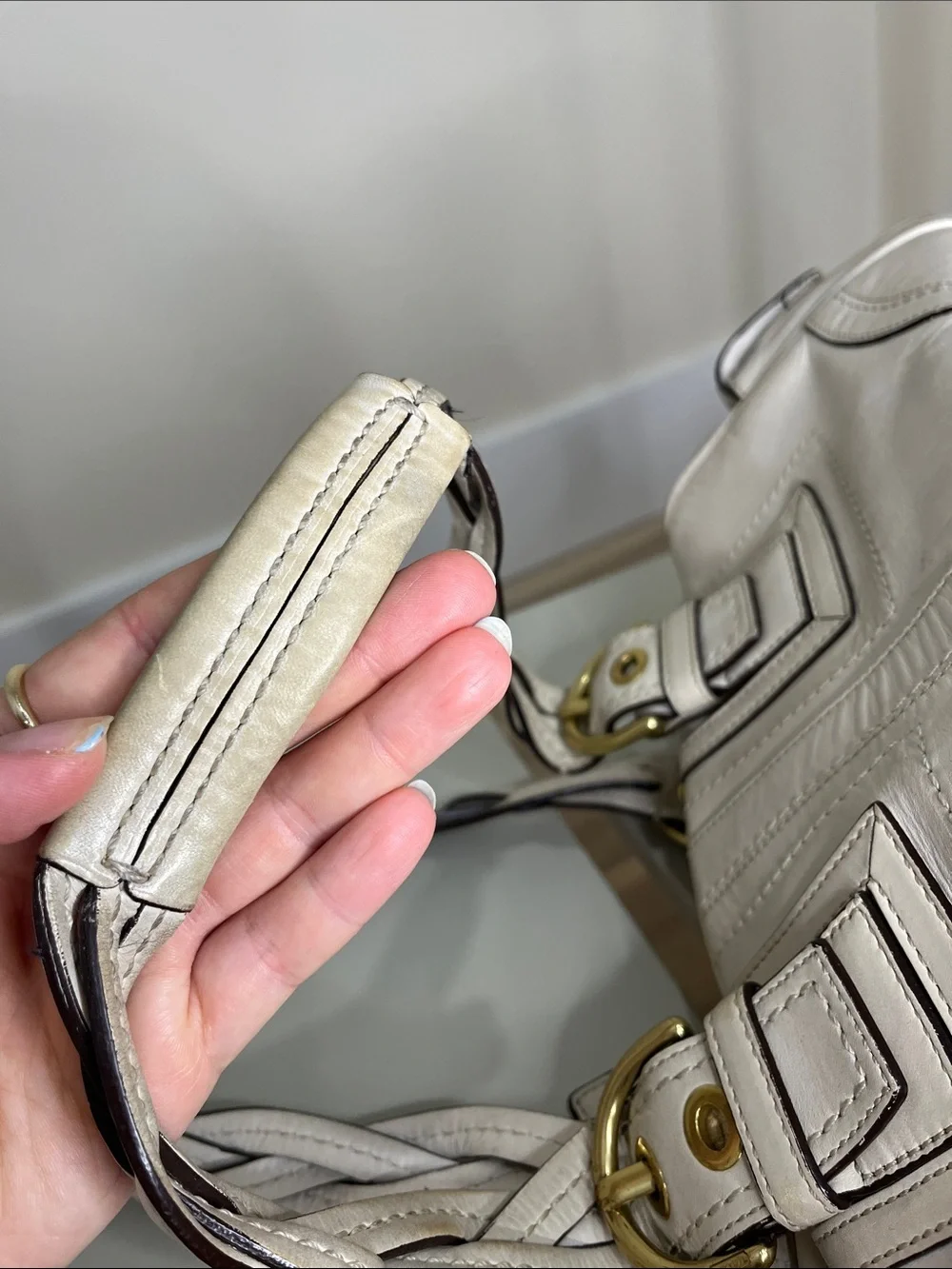 Coach  Cream Soho Mia Shoulder Bag with Braided Handles and Gold Hardware